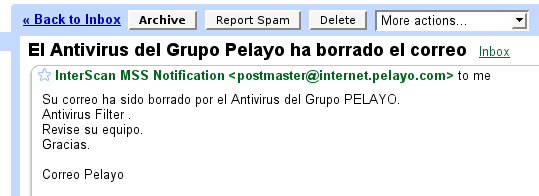 El Antivirus del Grupo Pelayo ha borrado el correo